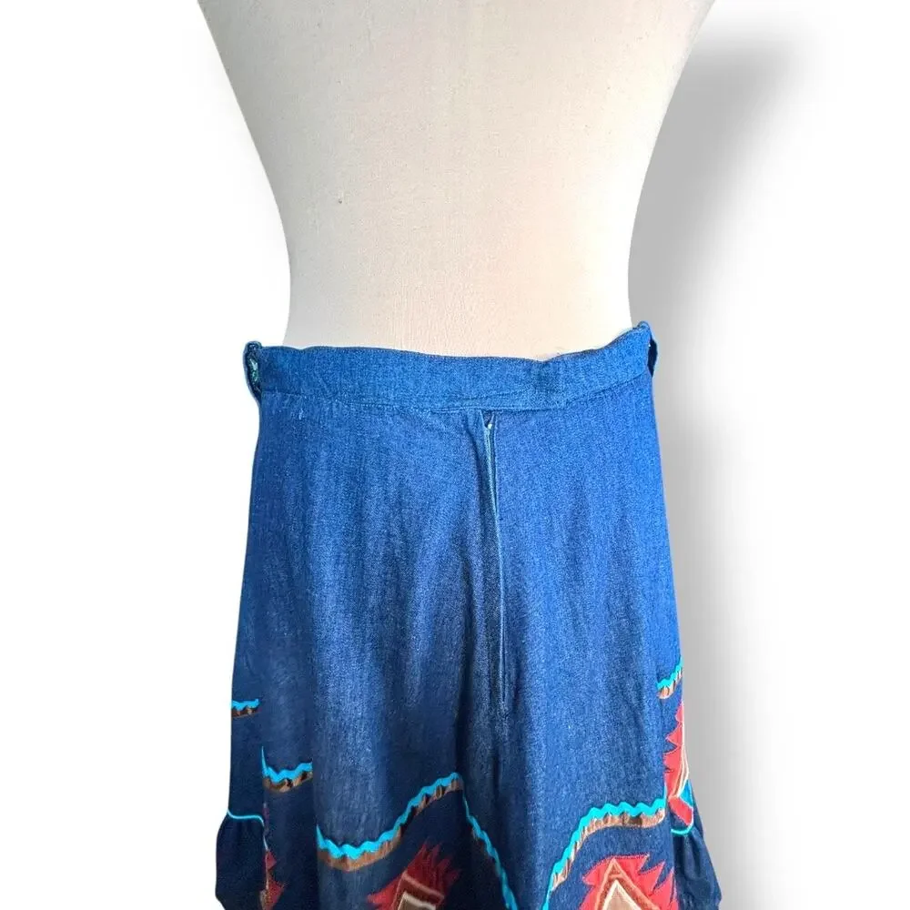 Vintage Handmade Southwest Denim Skirt Tiered Ruffle Hem‎ Abstract Art Appliqué